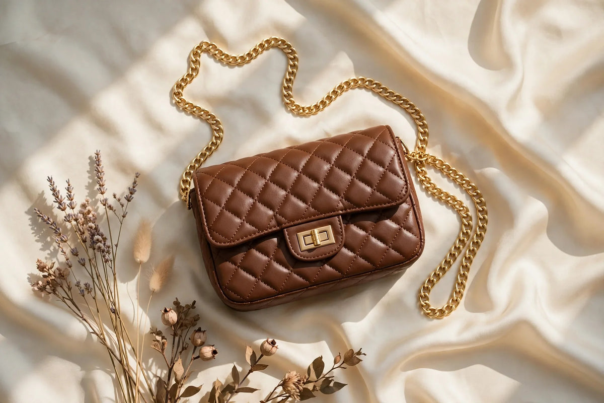 Quilted brown crossbody bag with gold chain strap on cream silk