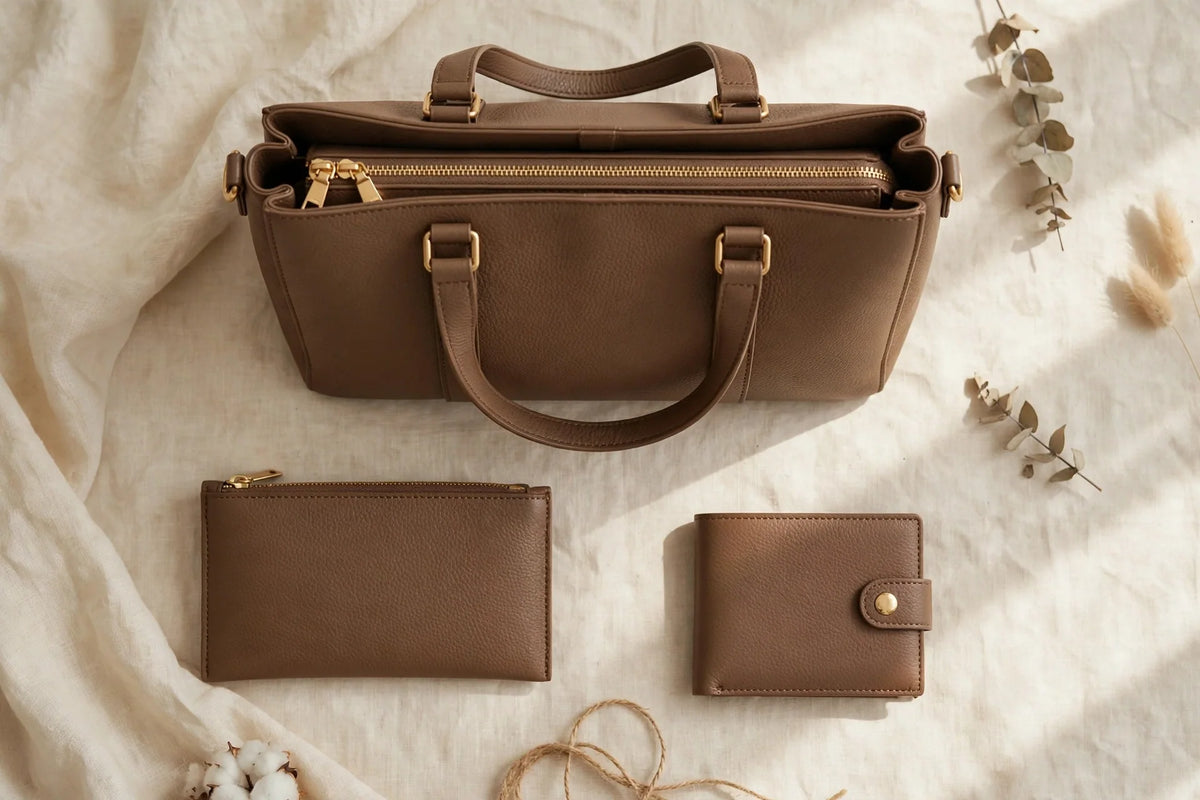 Flat-lay of a brown 3-piece women's handbag set: structured tote, zip pouch and matching wallet on cream linen