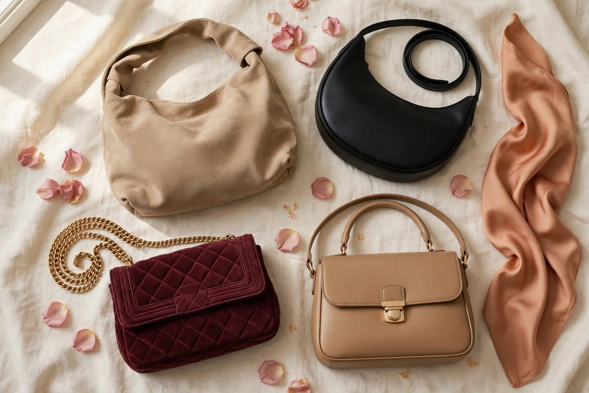 Shoulder bag collection flat-lay: beige hobo bag, black crescent bag, quilted burgundy chain bag and structured tan shoulder bag on cream linen