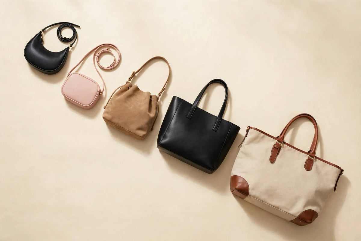 Five women's handbags in graduating sizes from mini to oversized arranged diagonally, flat-lay on cream background