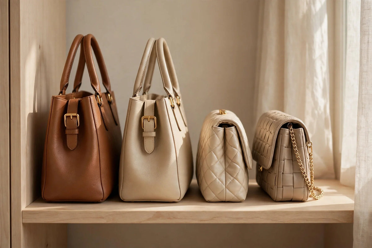 Handbags stored upright on a wardrobe shelf, holding their shape