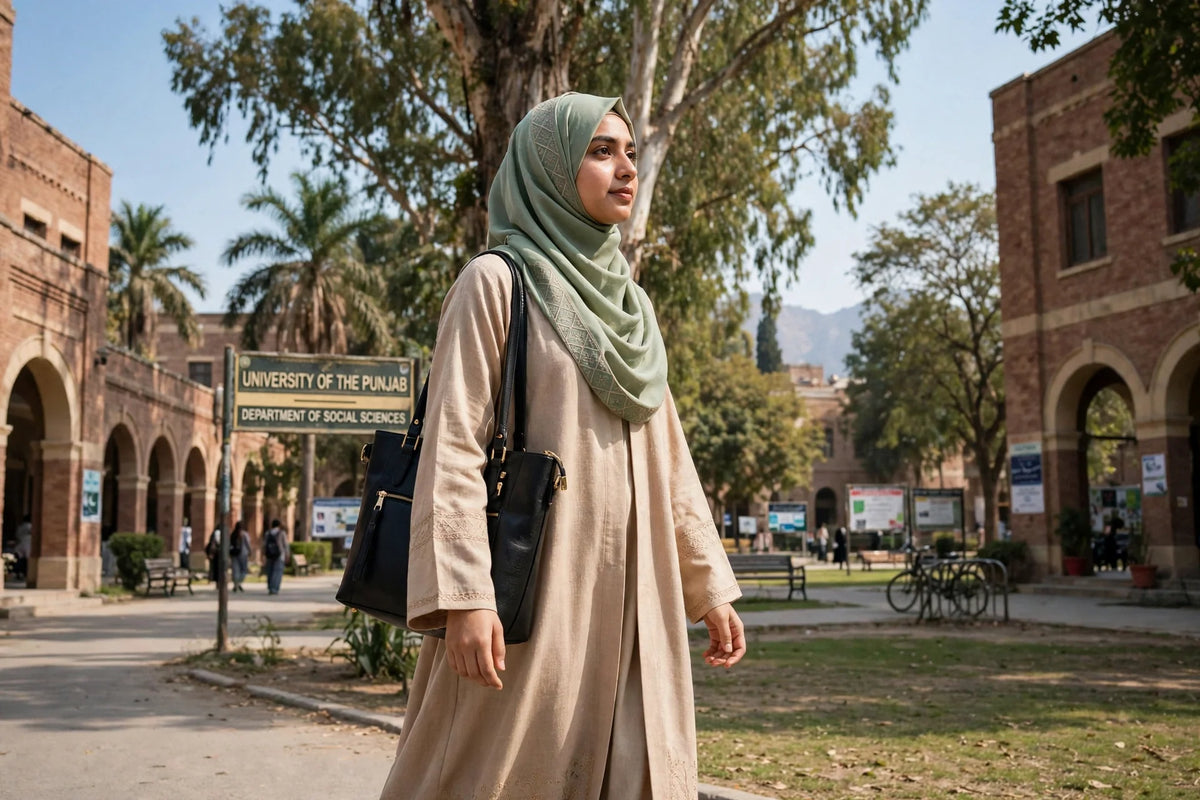 A woman university student in hijab and abaya walking across a university campus in Pakistan carrying a black leather tote bag