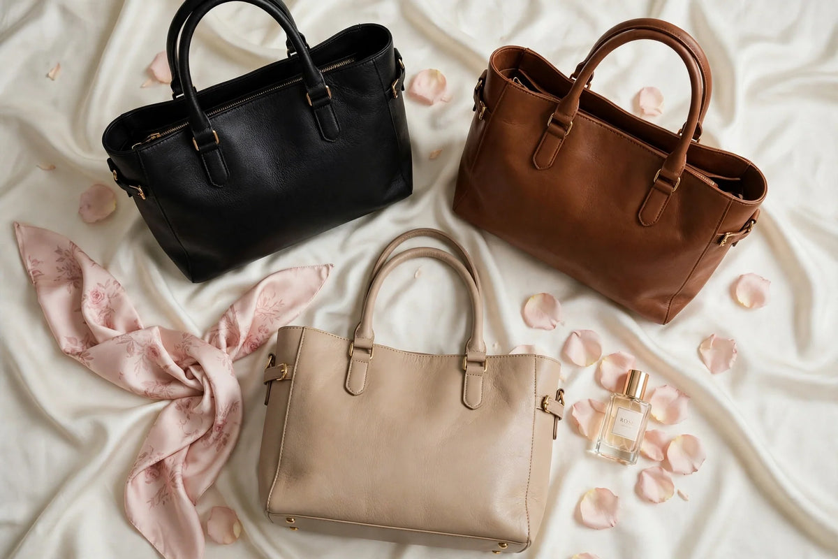 Three leather tote handbags in black, tan and beige styled on ivory silk with rose petals