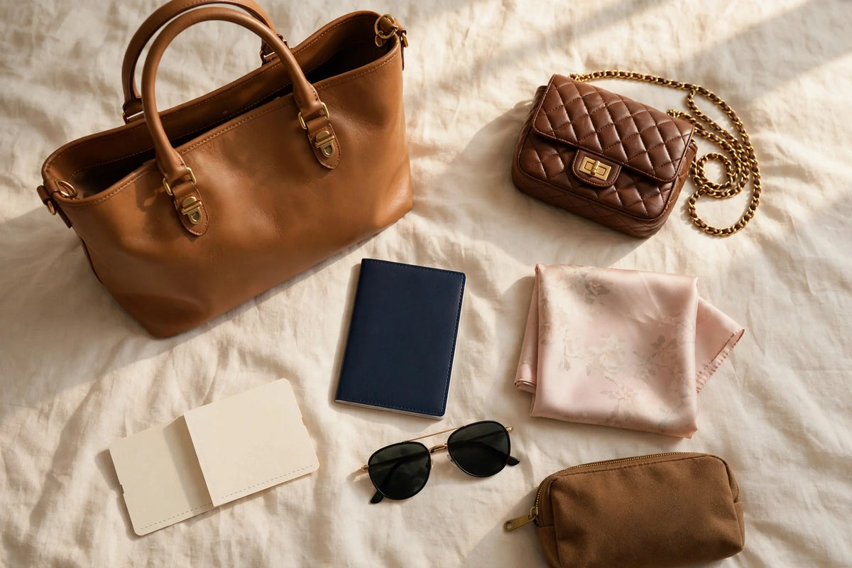 Travel flat lay: tan leather tote and brown quilted crossbody with passport, sunglasses, silk scarf, boarding pass and travel pouch
