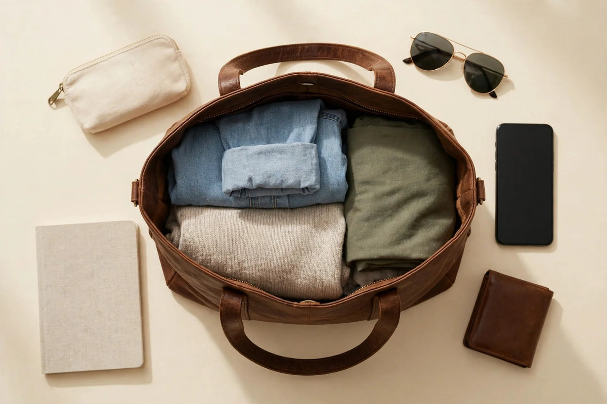 Brown leather tote handbag packed for a weekend trip with folded clothes, pouch, sunglasses, phone and wallet on cream background
