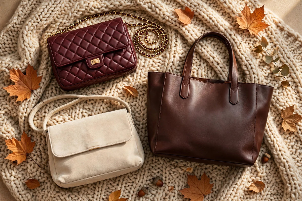 Women's handbags in winter 2026 colours: burgundy quilted crossbody with gold chain, chocolate brown leather tote and cream suede shoulder bag on a wool knit blanket