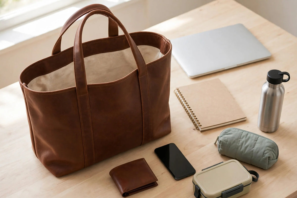 Open brown leather work tote on a desk surrounded by workday essentials