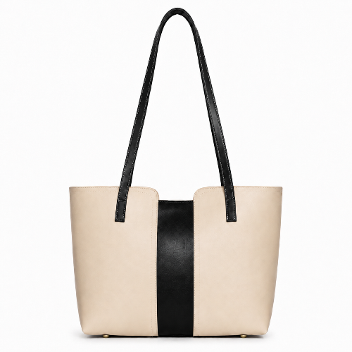 Beige and black color block shoulder bag with double handle
Brown color block tote bag – side view