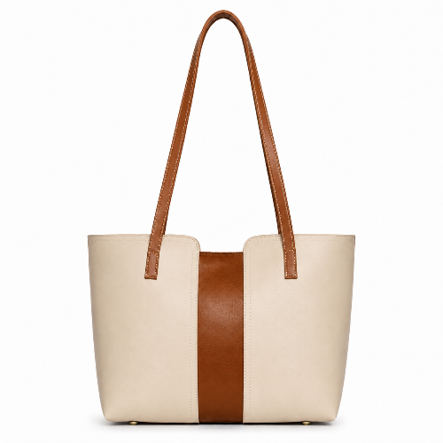 Beige and black color block shoulder bag with double handle
Brown color block tote bag – side view